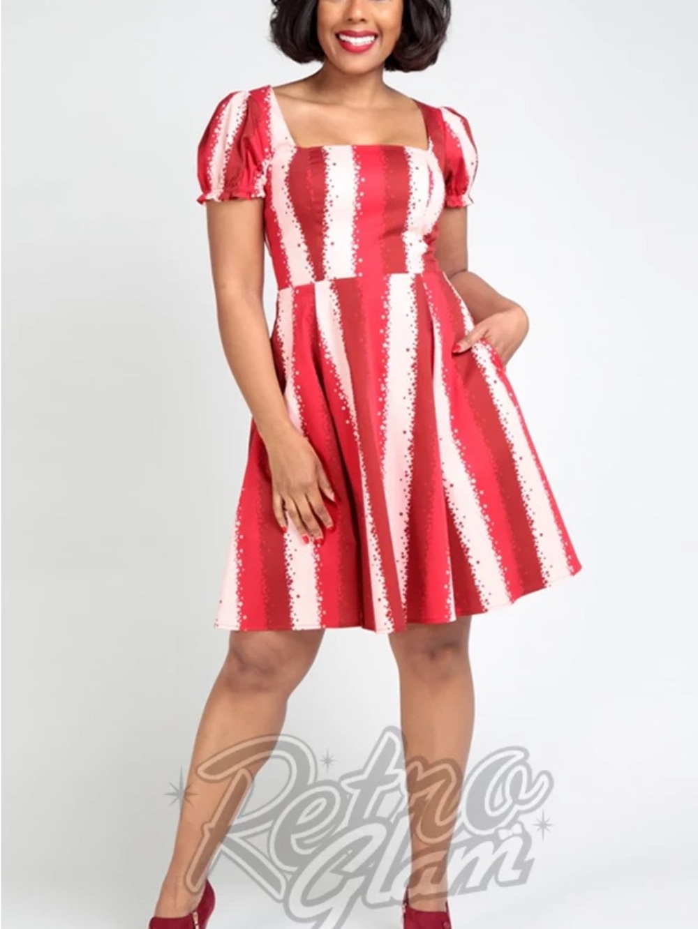 Collectif Red & White Striped Square Neck Fit-and-Flare Dress